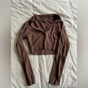 ZARA Brown Cropped Polo Long Sleeve Tee